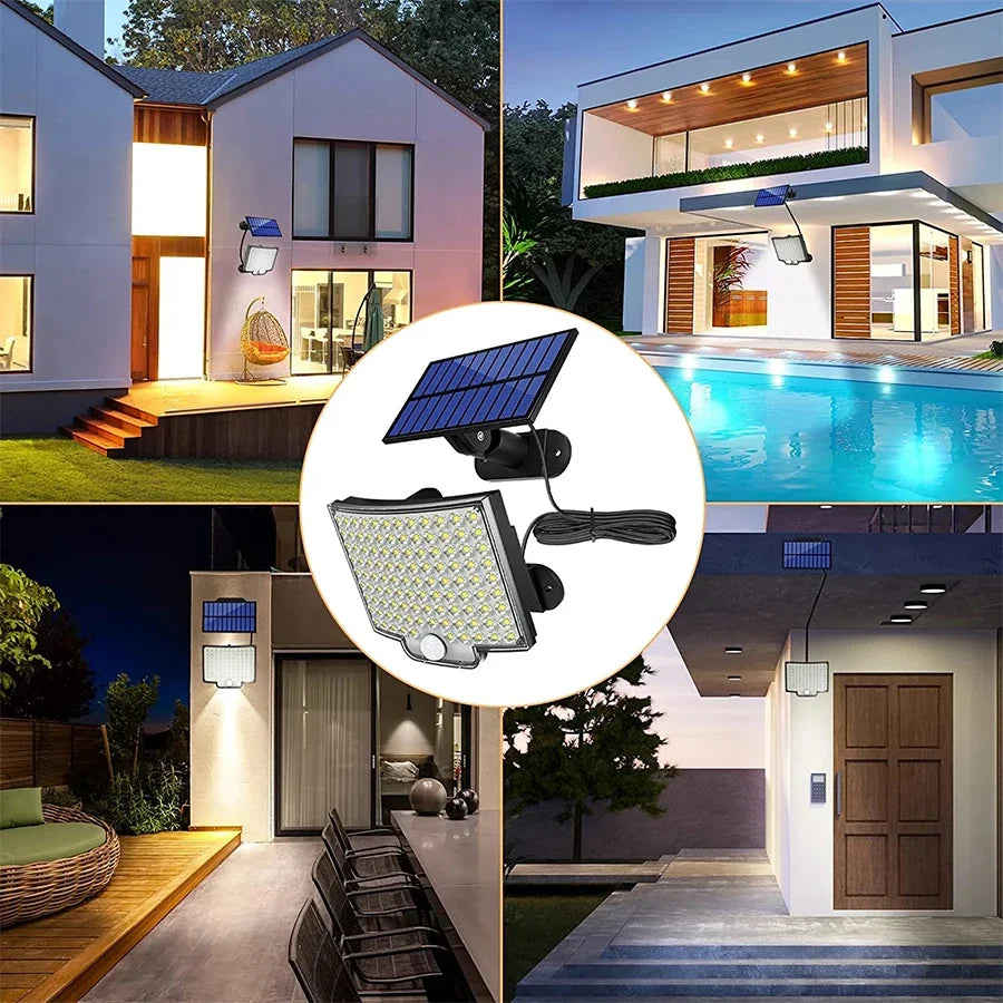 Outdoor Modern Remote Control Weatherproof Durable Plastic Rectangle Black-White Body Dimmable Super Bright 106 LED Adjustable Four-Modes Solar-Powered Split Waterproof Emergency Motion Sensor Wall-Mounted Security Lights