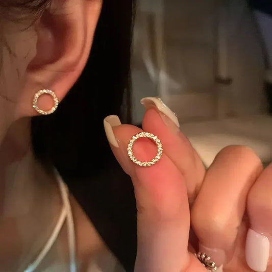 Women Metal Imitation Small Round Crystal-Gold Circle Studded Push-Back Earrings