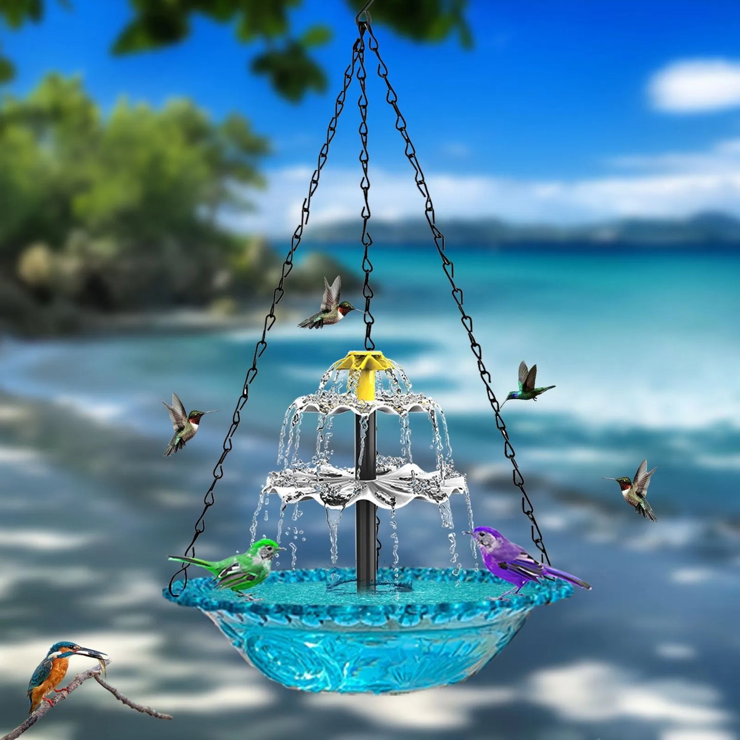 No-EN-Name-Null Outdoor Hanging Bird Bath Black Metal Chains Plastic Blue Floral Bowl Body Solar-Powered Multi-Functional Water Basin Bird Bath-Feeder-Drinking Bird Baths/ Colors-Blue/Black/Yellow/Floral