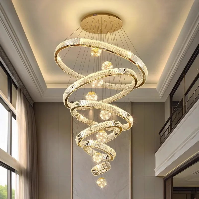 Modern Stainless Steel LED Warm Cool Twisted Ring Cord Pendant Hanging Crystal Chandelier Ceiling Lights/Dimming Remote Control/Touch On-Off/Colors-Gold/Silver