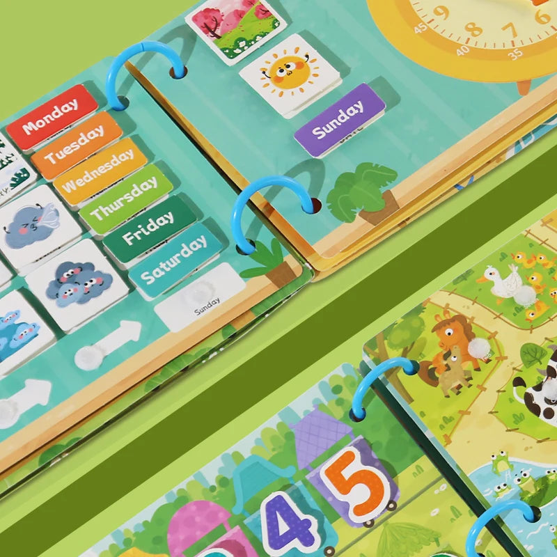 Parent-Child Interaction 3 Rings Early Education Cardboard Paper 6 Themes Quiet Busy Book Brain Development Puzzle Sticker Books/Ages: 3-12 Years Old/ Colors-Multicolor/Blue/Animals