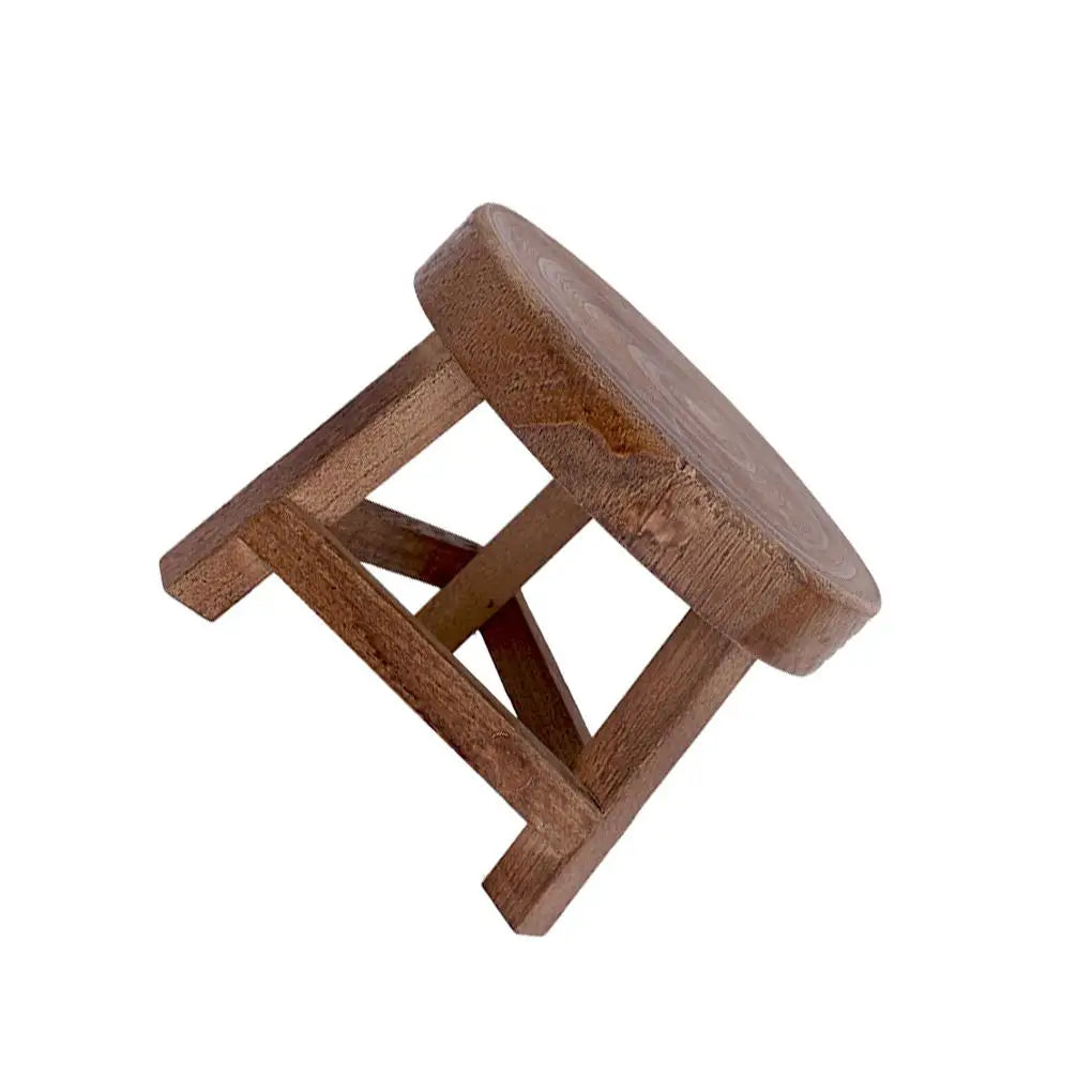 No-EN-Name-Null Countryside Old Antique Backless Smooth Round Shaped Small Hard Flat Seat Top-Brown Solid Tung Wood Triangle Shaped-3 Legs Base Frame Plant Supports