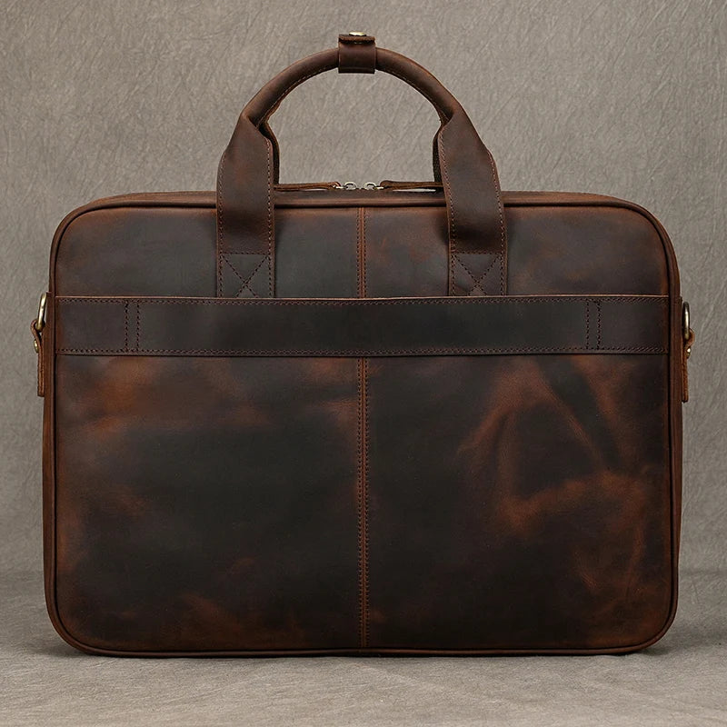 NEWSBIRDS Men Modern Rectangle Shaped Brown-Black Genuine Cowhide Leather Built-In 14-15.6 Inch Single Laptop Compartment Metal Zipper Two Handles-Detachable-Adjustable Shoulder Strap Briefcases