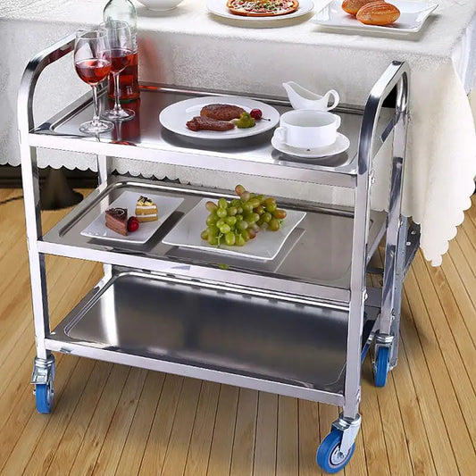 Three-Tier Metal Stainless Steel Silver Kitchen Dining Carts/With 4 Wheels