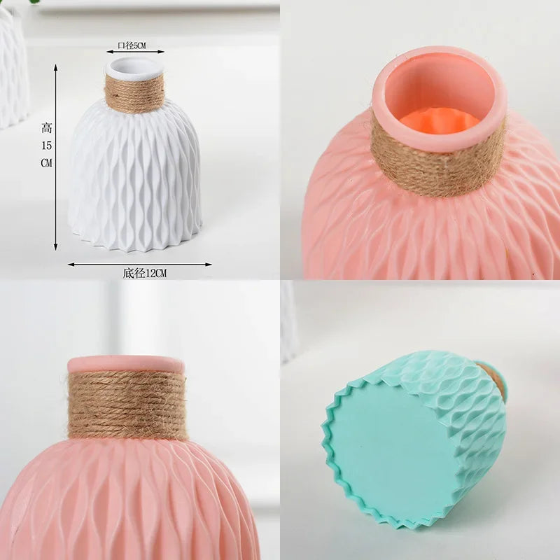 3 Dimensional Plastic Round Imitation Ceramic Floral Vases/Colors-Blue/Pink/White/