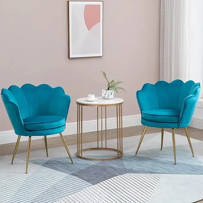 RUO WU Modern 2 PCS Beige-Blue Upholstered Padded Soft Skin-Friendly Velvet Fabric Shell-Shaped Cushions Four Gold Metal Legs Armchair Sets