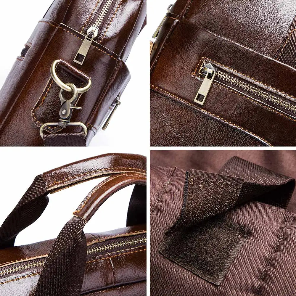 HUMERPAUL Men Modern Brown-Black Rectangle Cowhide Leather Metal Zipper External Pockets Polyester Lining Built-In 15 Inch Laptop Compartment Two Soft Handles-One Shoulder Strap Business Briefcases