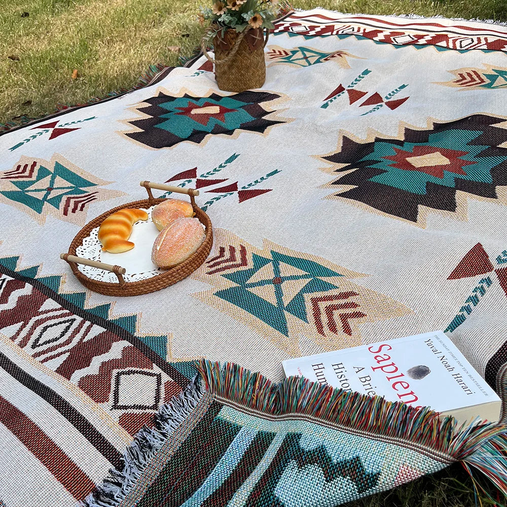 Jacquard Boho Rectangle Polyester-Cotton Oversized Aztec Native American Geometric Double-Sided Blanket Fringed Tapestries