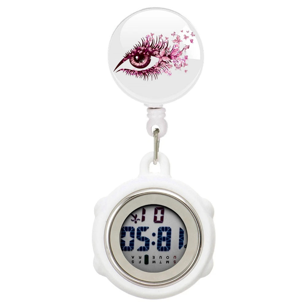 No-EN-Name-Null Waterproof Black Plastic Round Cover Glass Face Digital Display Retractable Printed Floral Anatomical Designs Nurse-Doctor Hanging Metal Alloy Fob Pocket Watches/Colors-Black/White/Pink/Blue