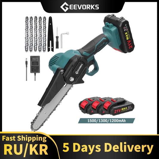 GEEVORKS Outdoor Home DIY Plastic Green-Black Body 6 Inch Handheld Mini Cordless Lithium Battery-Powered Rechargeable Brushed Motor 21V Electric Portable Wood Cutting Adjustable Tension Pruning Metal Chainsaws/Colors-Green/Black/Gray/Red/