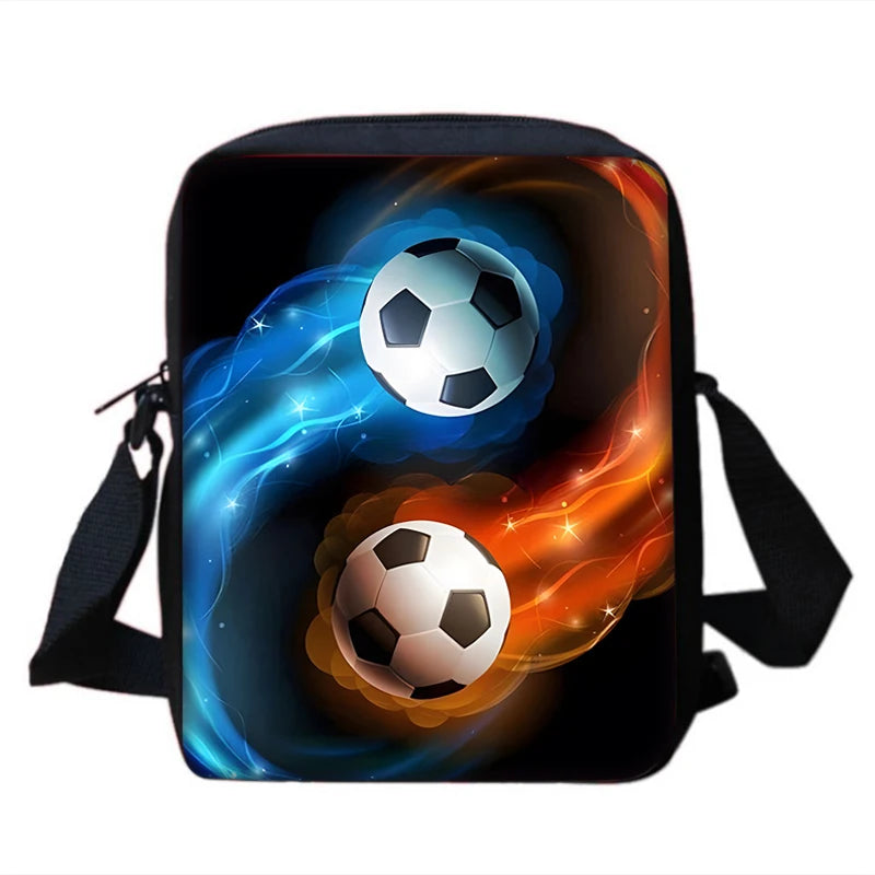 MINISO Kids 3 PCS Large Waterproof Nylon Fabric Zippers Exterior Pockets Printed-Burning Flames Soccer Ball Design Curved Back Shoulder Straps-Handle Sports IPAD Compartment School Backpacks/Color-Black/White/Blue/Multicolor