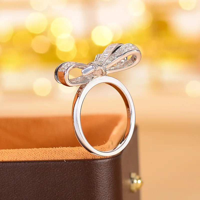 Follow-Cloud Adult Women Fine Sterling Silver 18K Gold-Plated Bowknot Shaped Cubic Zircon Clear White Shiny Imitation Diamonds Gemstones Prong Wedding Band Rings