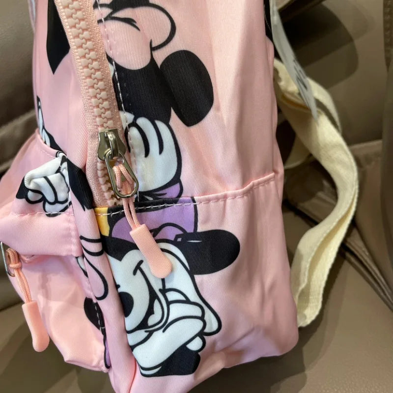 Disney Kids Waterproof Pink Nylon Fabric Printed Minnie Mouse Design Single Compartment Two Shoulder Straps-Handle School Backpacks/Pink/Multicolor