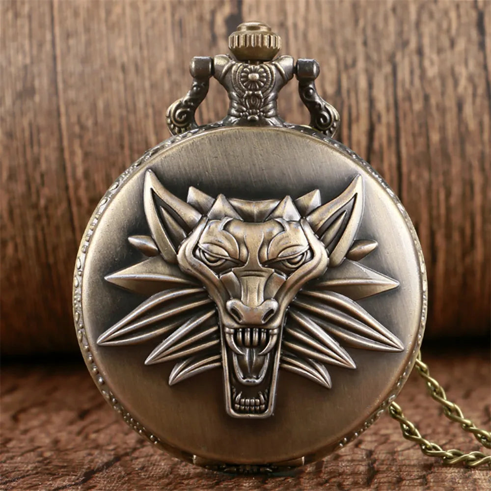 WECIN Adults Vintage Analog Display Glass Face Round Shaped Arabic Numeral Universal Time Bronze Embossed Roaring Lion Head Floral Design On Back Bronze Chain-Pocket Watches