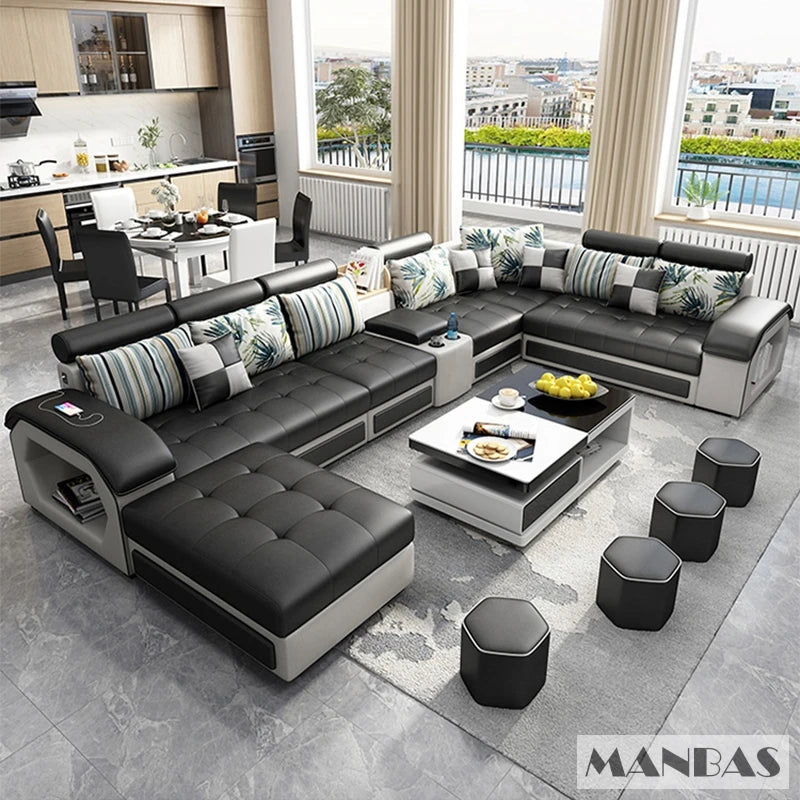 MINGDIBAO Modern U-Shape Medium Soft Firmness Fabric Sectional Sofa Sets/ Size: 240 x 400 x 80cm/ USB Port/Storage/4 Stools/Colors-Blue/Black/Khaki/Grey