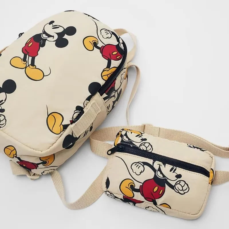 MINISO Kids Mini Disney Beige Cute Cartoon Mickey Mouse Black Metal Zippers-Detachable Front Pocket Lightweight Waterproof Nylon Fabric Shoulder Straps-Handle School Backpacks/Single Laptop Compartment
