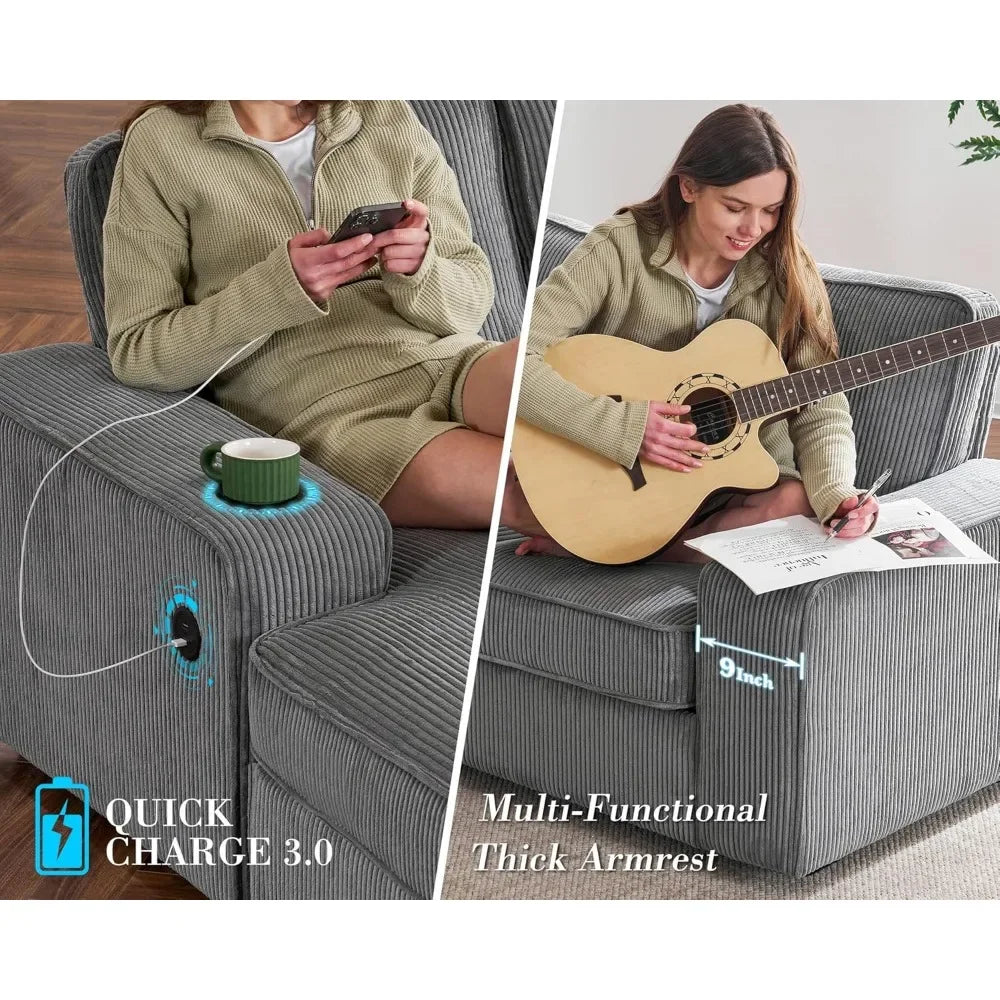 No-EN-Name-Null Modern Oversized U-Shaped 7 Seaters Soft Gray Corduroy Thick Fabric Cushions Chaise Lounge Hidden Storage Two Cup Holders Quick Charge USB Ports Sectional Sofas/Colors-Beige/Gray/Size: 112in x 88in x 33in/Weight Capacity : 2,100 lbs.