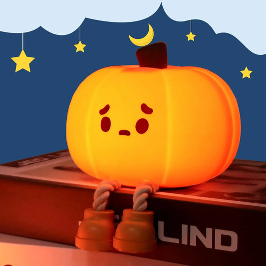 Kids LED Warm Light Cartoon Cute Adorable Pumpkin Sitting Down Plastic Brown Shoes Silicone Night Lights/Dimmable/Rechargeable/USB Type C Charging/BPA-Free/Colors-Orange/Yellow/Brown