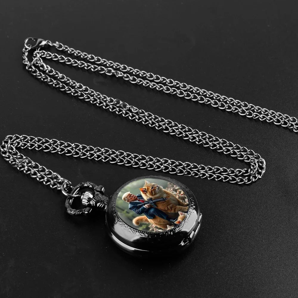 No-EN-Name-Null Adults Antique Quartz Analog Display Acrylic Face Black Metal Alloy Case Humorous Funny Trump Riding Red Tabby Cat-Holding A Automatic Weapon Design Glass Dome Cover The Durable Chain-Pocket Watches/Colors-Gold/Silver/Black/Bronze