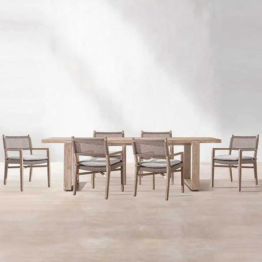 No-EN-Name-Null Outdoor European Free-Standing Brown Rectangle Shaped Wood Frame Table-Bench-Six Mesh Backrest Fabric Beige Cushions Chairs Sets/Colors-Brown/Beige