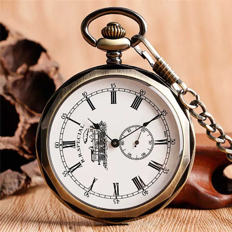 No-EN-Name-Null Adults Antique Roman Numeral Bronze Round Case Analog Display Round Acrylic Face Hand Winding Mechanical Vintage Railway Locomotive Train Design Metal Pendant Chain-Pocket Watches/Colors-Silver/White Bronze/Bronze