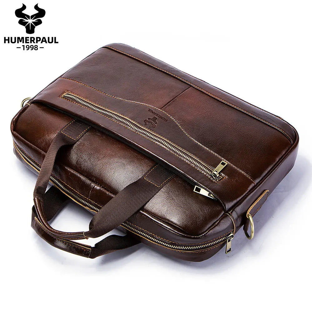 HUMERPAUL Men Modern Brown-Black Rectangle Cowhide Leather Metal Zipper External Pockets Polyester Lining Built-In 15 Inch Laptop Compartment Two Soft Handles-One Shoulder Strap Business Briefcases