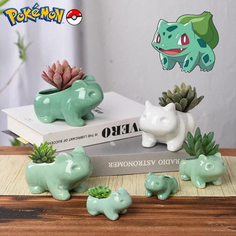 TAKARA TOMY Home Garden Mini-Small Ceramic Cute Cartoon White-Green Bulbasaur POKEMON Shaped Succulent Plants Flower Pots-Planters