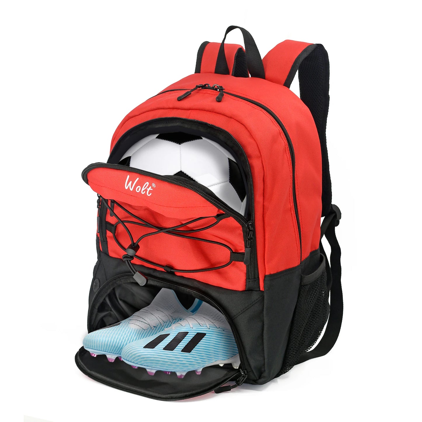 WOLT Young Adults Large Softback Black Polyester Fabric Shoulder Straps-Handle Built-In 16 Inch Padded Laptop Compartment Zipper Front External Pockets Sports Soccer School Backpacks/Colors-Black/Gray/Red/Pink/Blue