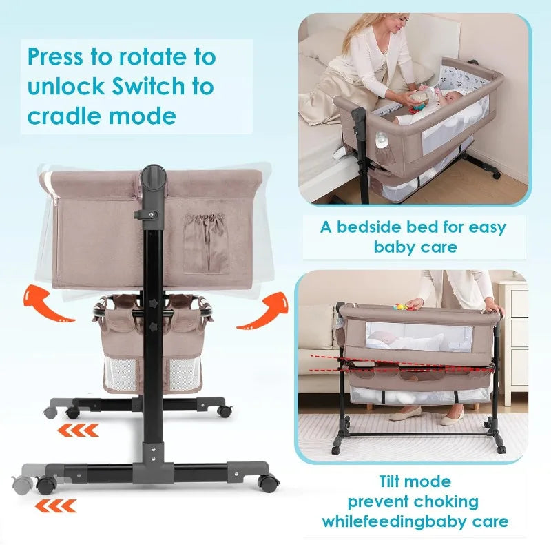Babies-Toddlers Portable Metal Frame Adjustable Height Button Control Swinging Thick Linen Fabric Meshed Top-Sides Large Bassinet Cradle Beds/Colors-Gray/Beige/Black/White/Brown/Multicolor/Ages: 6 Months-2 Years Old