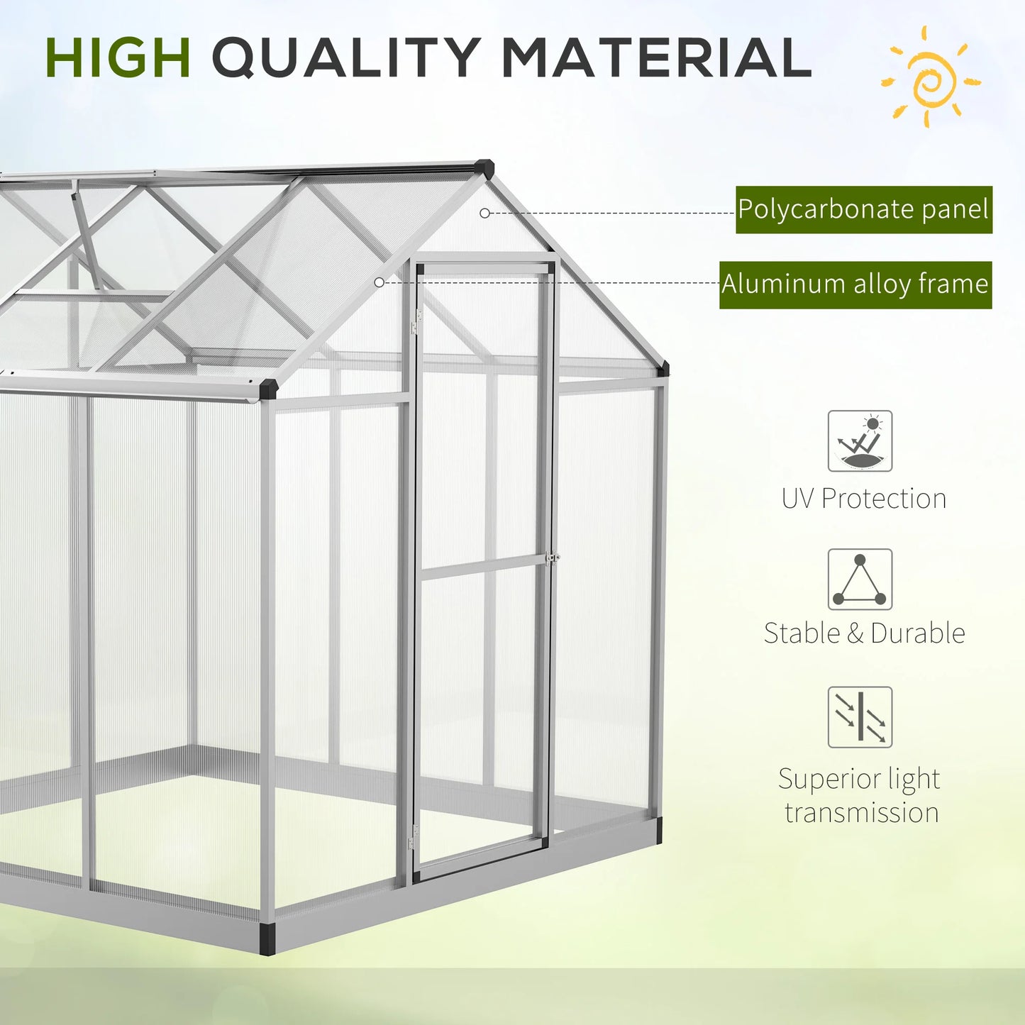 OUTSUNNY Outdoor Waterproof Heavy-Duty Walk-In-Cold Silver Aluminum Metal Frame Clear Transparent Polycarbonate Plastic Sheets Garden Greenhouses/ Dimensions 6' L X 6' W