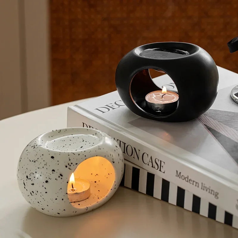 PDQ Modern Ceramic Black Speckled Dots-White Round Shaped Heating Aromatherapy Oil Plate Hallow-Out Tea Light Candle Holders