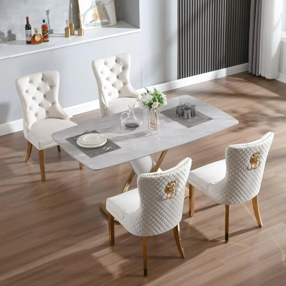6pcs/ Upholstered Velvet Kitchen Dining Set/ Tufted Legs/ Nail-Head Trim/Colors-White/Blue/Gray/Black