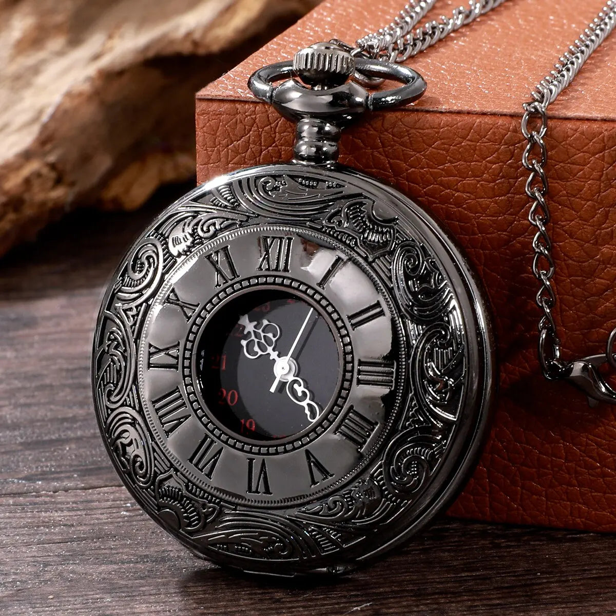 Adults Waterproof Antique Quartz Hallow-Out Black Steampunk Round Shaped Glass Face Stainless Steel Metal Alloy Roman Numeral Chain-Pocket Watches/Colors-Silver/Black/Gold