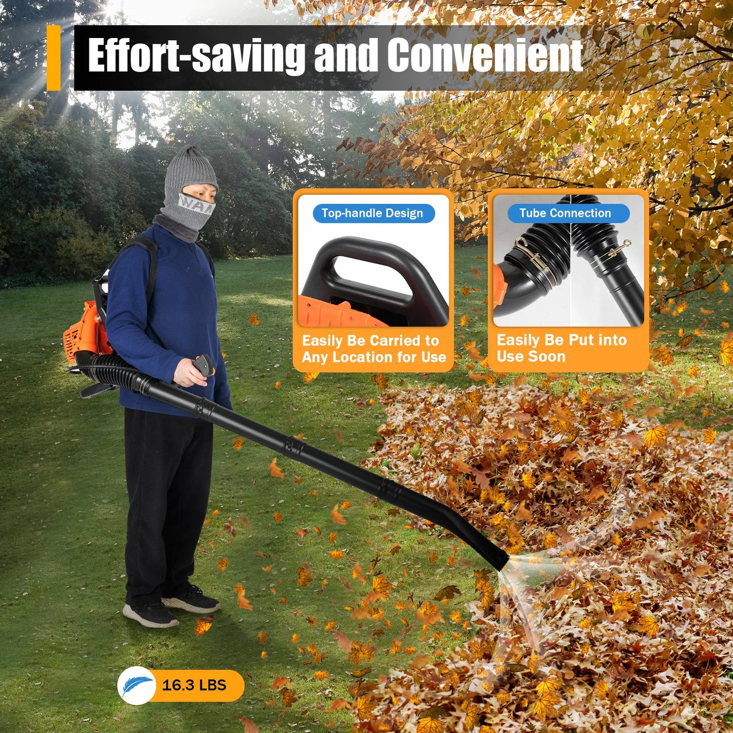 No-EN-Name-Null Outdoor Commercial Grade Gas-Powered Orange-Black-White Plastic Body Stainless Steel 2-Stroke Air-Cooled Engine Oil Contactless Electronic Ignition Gasoline Powered Backpack Leaf Blowers