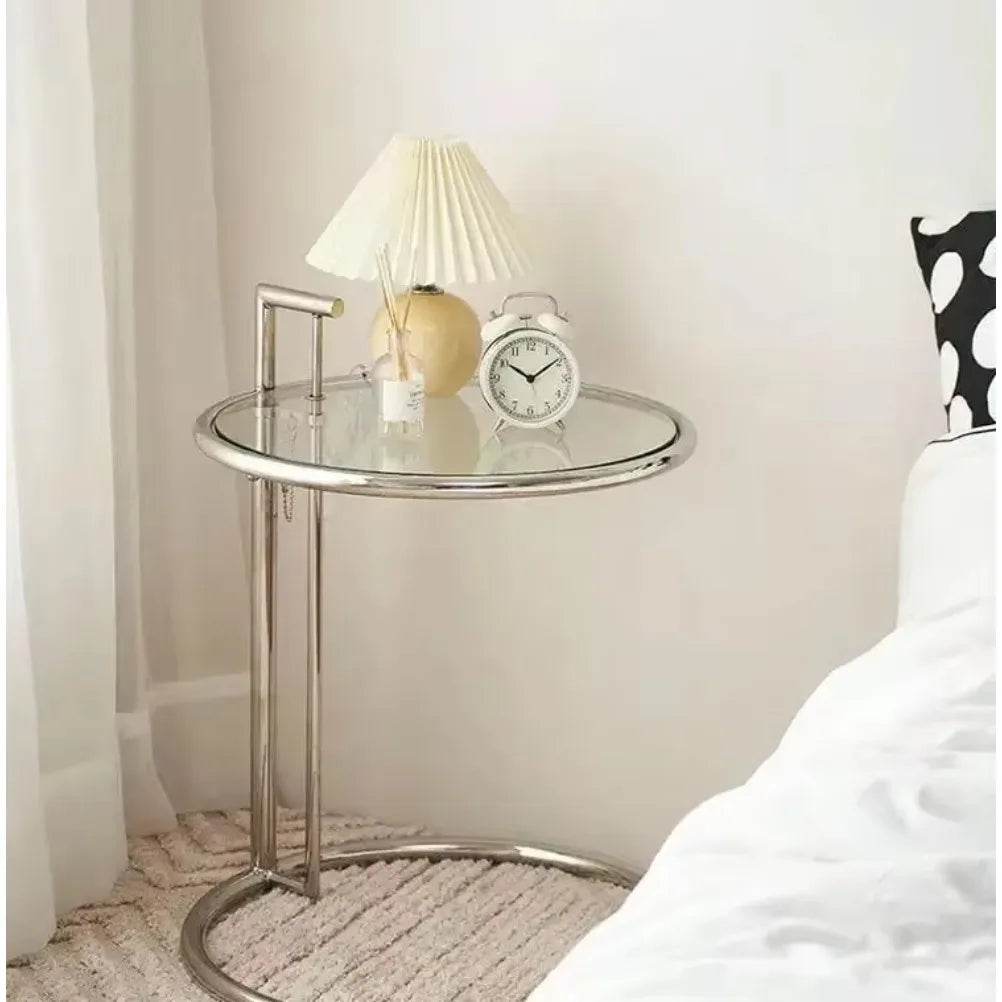 No-EN-Name-Null  Modern Round Shaped Liftable Clear Glass Tabletop C-Shaped Silver Stainless Steel Frame End Tables/Colors-Transparent Color/Gray/Brown
