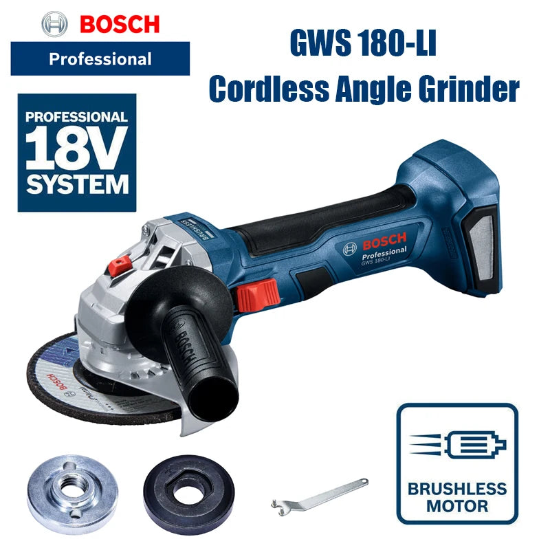 BOSCH Professional Grade Handheld Battery-Powered Blue-Gray-Black Body Silver Safety Guard 18V GWS 180-LI Model Cordless Rechargeable Brushless Portable Angle Grinders