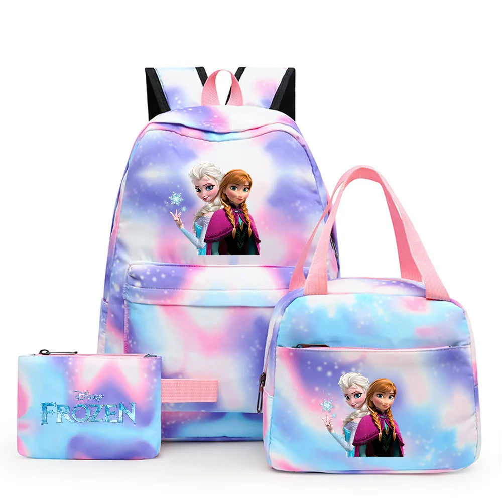 Disney Kids Cute Cartoon Frozen Movie-Elsa-Anna Multicolor Large Waterproof Nylon Fabric Zipper Pockets Shoulder Straps-Handle Single Compartment School Backpacks Sets/ Lunch Bag/Pencil Bag/Colors-Pink/Blue/Multicolor
