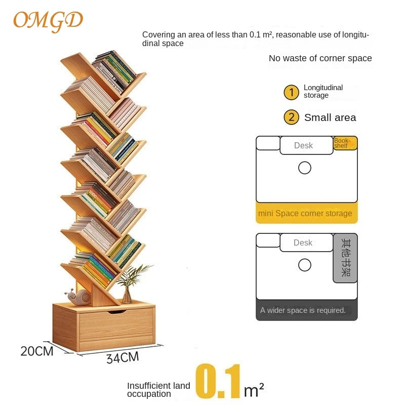 OMGD Modern Brown Wood-Panels One Drawer Box Base Free-Standing Living Room Small Tree-Like Shelves-Ladder Bookcases/Colors-Blue/Brown/White
