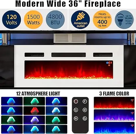 XMSJ Modern LED Lighted Rectangle Shaped Remote Control With Heat-Without Low Electric Realistic Flame Fireplace Entertainment Center-TV Stands/4800 BTU Output /Power: 750W-1500W/2-4 Storage Shelves/ 2 Cabinets/Holds Up To 80 Inch Flat Screen TV's