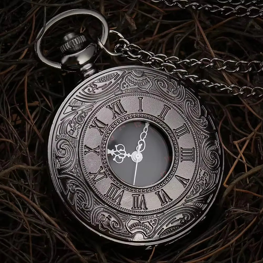 No-EN-Name-Null Adult Men Vintage Quartz Movement Black Round Shaped Glass Face Steampunk Black Roman Numerals Pendant Chain-Pocket Watches /Colors-Black/Gold/Brown/Silver