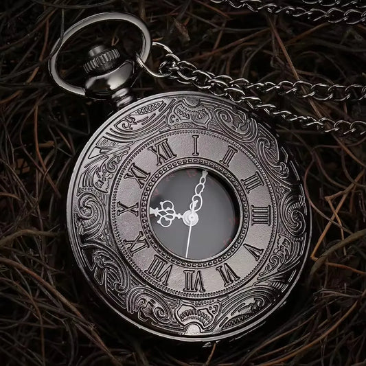 No-EN-Name-Null Adult Men Vintage Quartz Movement Black Round Shaped Glass Face Steampunk Black Roman Numerals Pendant Chain-Pocket Watches /Colors-Black/Gold/Brown/Silver