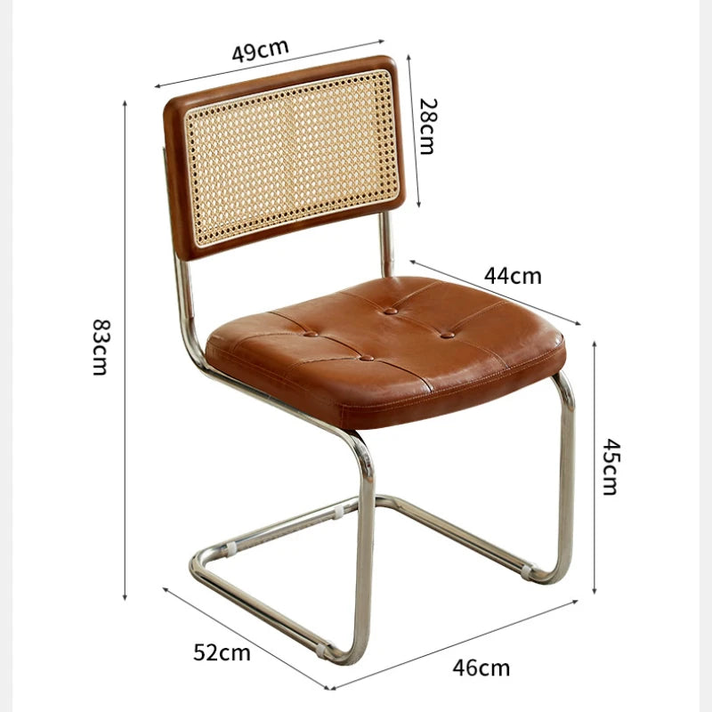 No-EN-Name-Null Nordic Armless Woven Rattan Brown Solid Wood Beige Meshed Hard Backrest-Faux Leather Seat Cushion Silver Stainless Steel Metal Frame-Legs Kitchen-Dining Room Chairs/Colors-Brown/Green/Black/Gray/Orange