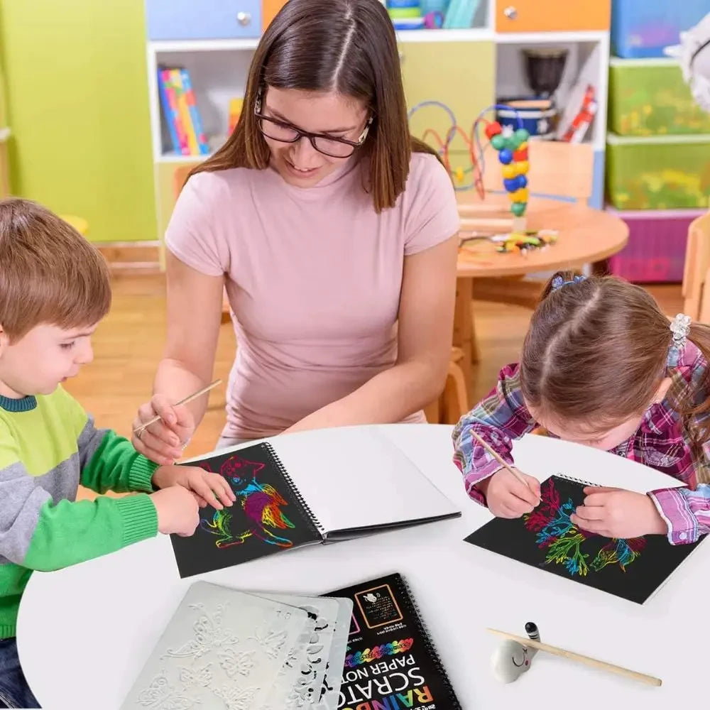 No-EN-Name-Null Kids Coloring-Paint Learning Magic Rainbow Scratch Off Paper Cards Note Books Craft Kits /Colors-Green/Yellow/Pink/Blue/ Ages-3 Years Old-Older