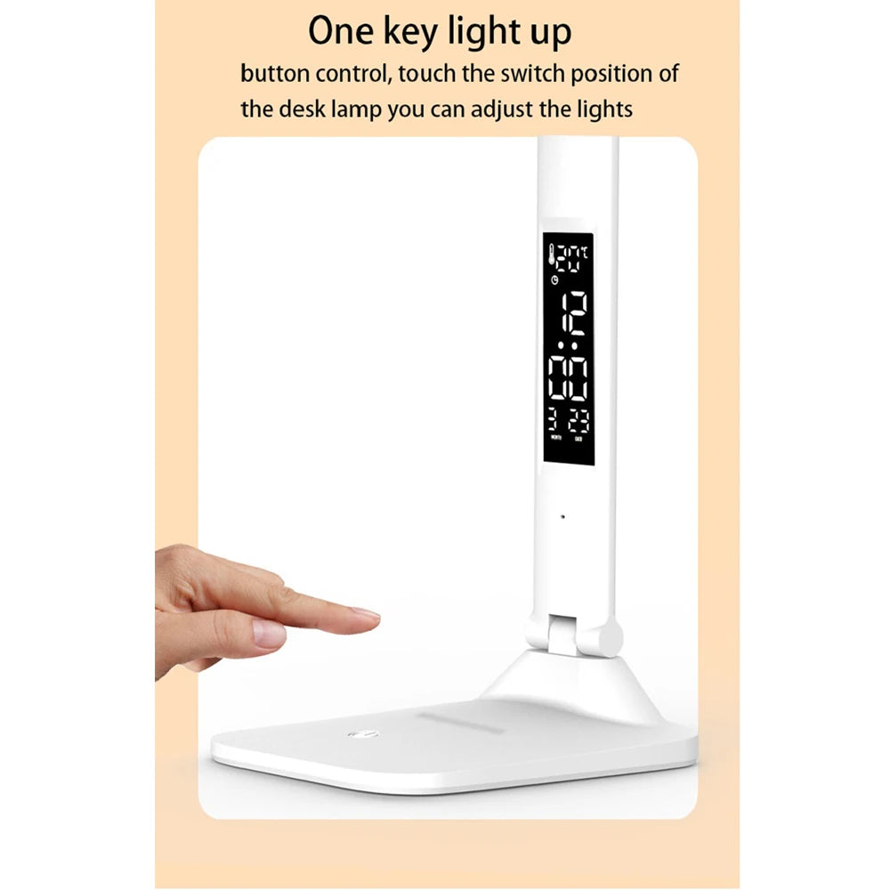 No-EN-Name-Null Smart LCD Display-Temperature-Time-Date Touch Switch Stepless Dimmable Warm-Cool White LED Lights White Plastic Rectangle Shaped Flat Head Long Stem Body-Base Desk Lamps