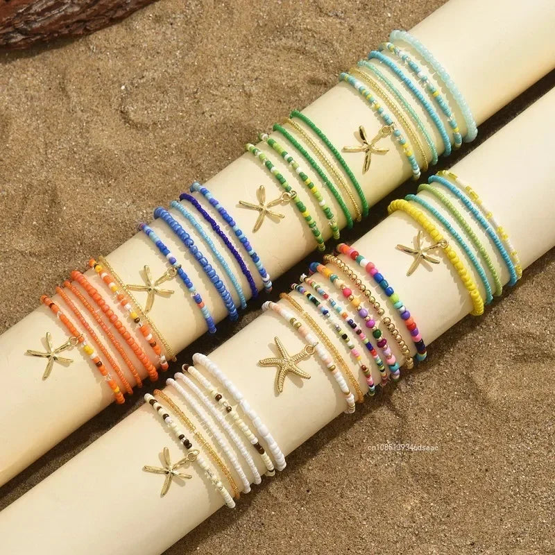 No-EN-Name-Null Women Geometric Multilayer Bohemia Acrylic Rice Bead Starfish Pendant Cable Chain Link Anklets/Colors-Brown/Gold/Geometric/Multicolor