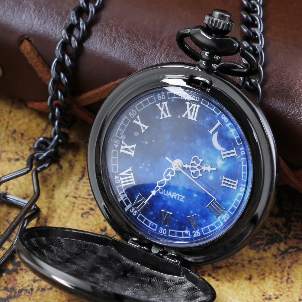 SHUHANG Adults Vintage Quartz Analog Display Hunters Black Glossy Blue Plastic Face Stainless Steel Metal Round Shaped Case White Roman Numeral Black Long Necklace Chain-Pocket Watches