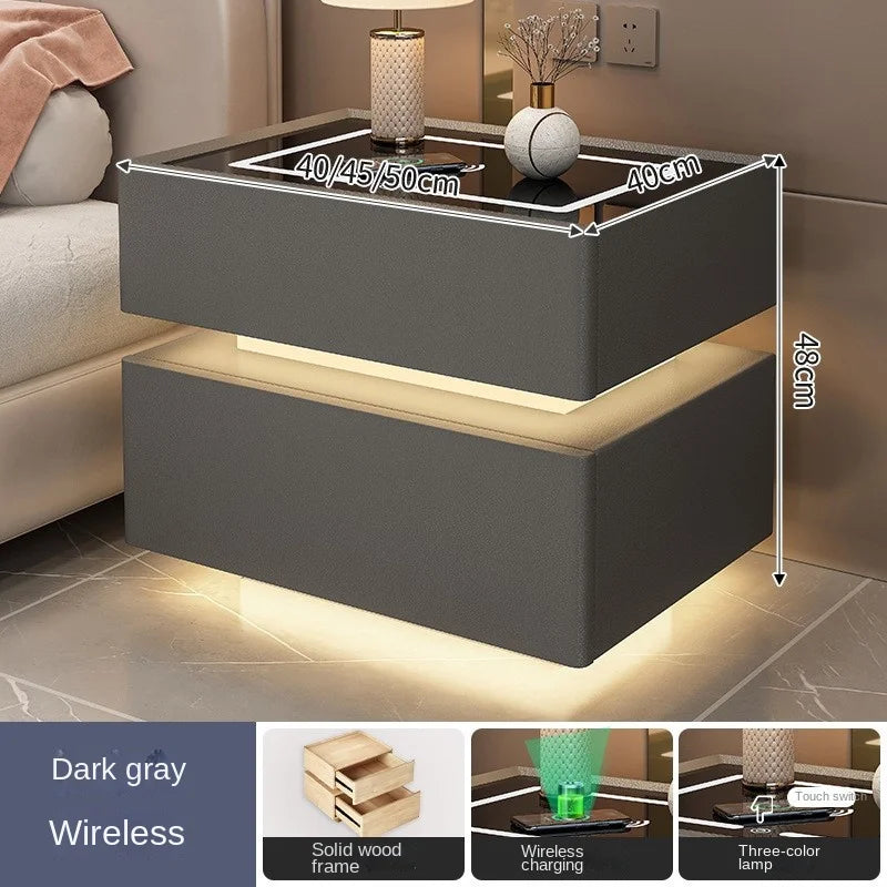 OMGD Modern Dark Gray Square Shaped Scratch-Resistant Black Glass Top Smart Touch Sensing-Password Lock Design Quick Wireless Charging-Listening Bottom Hidden Bluetooth Audio Speaker Lighted Solid Wood Nightstands/ Colors-Dark Gray/Light Gray/Khaki/White