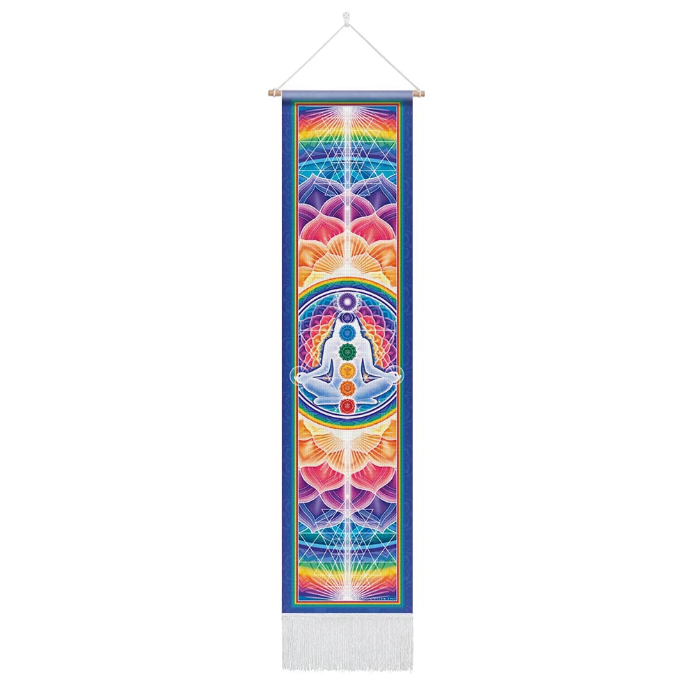 Unisex Rectangle Knitted Cotton-Polyester Blend Printed Soft Fabric 4 Colorful Geometric Chakras Themes Intricated Design Fringed Spiritual Meditation Wall Hanging Tapestries