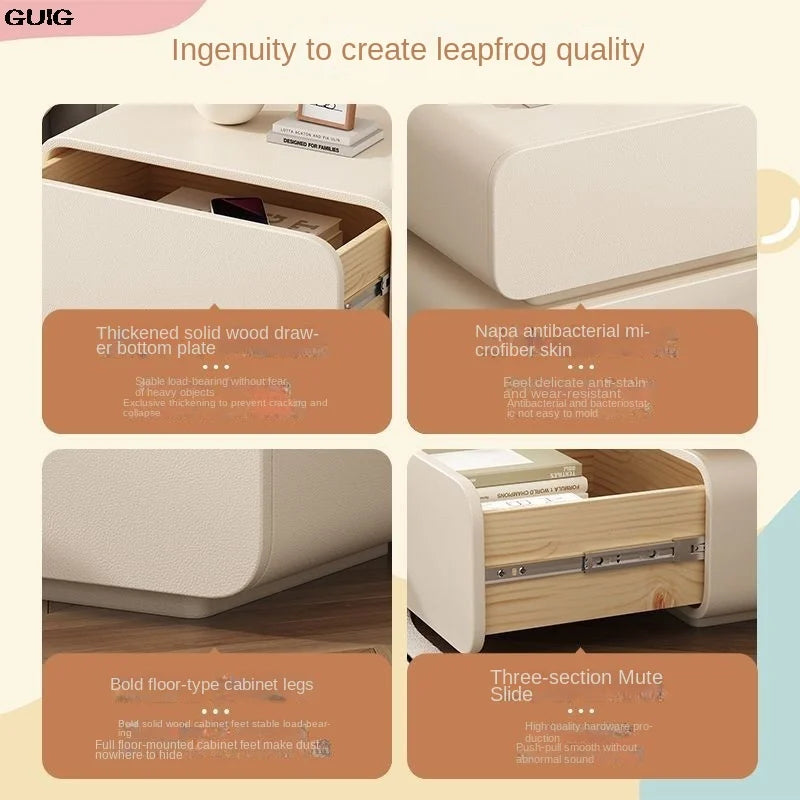 GUIG Modern Soft Microfiber Leather Abrasion-Scratch Resistant Curved Square Shaped Cream White Solid Wood Hidden Handles Two Drawers Nightstands/Colors-White/Dark Gray/Light Gray