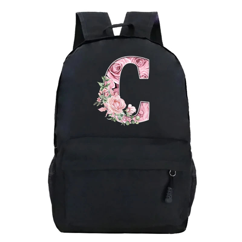 No-EN-Name-Null Waterproof Large Black Softback Nylon Fabric Printed Floral Pink Rose First Name Initial Letter Curved Back Zipper Canvas Lining Built-In Laptop Compartment Shoulder Straps-Handle Zippered External Pockets School Backpacks
